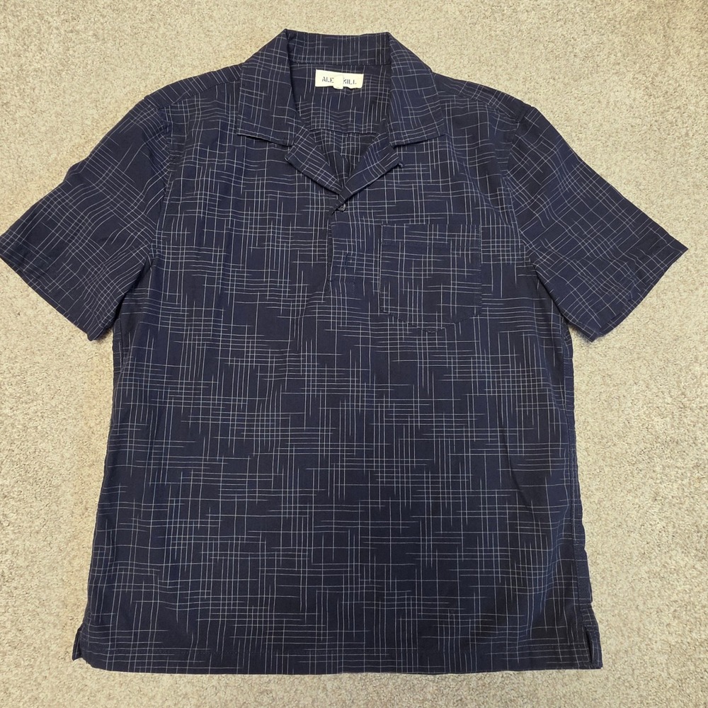 Alex Mill Fred Cotton Chambray‎ Shirt Navy Grid Camp Collar Short Sleeve Mens S